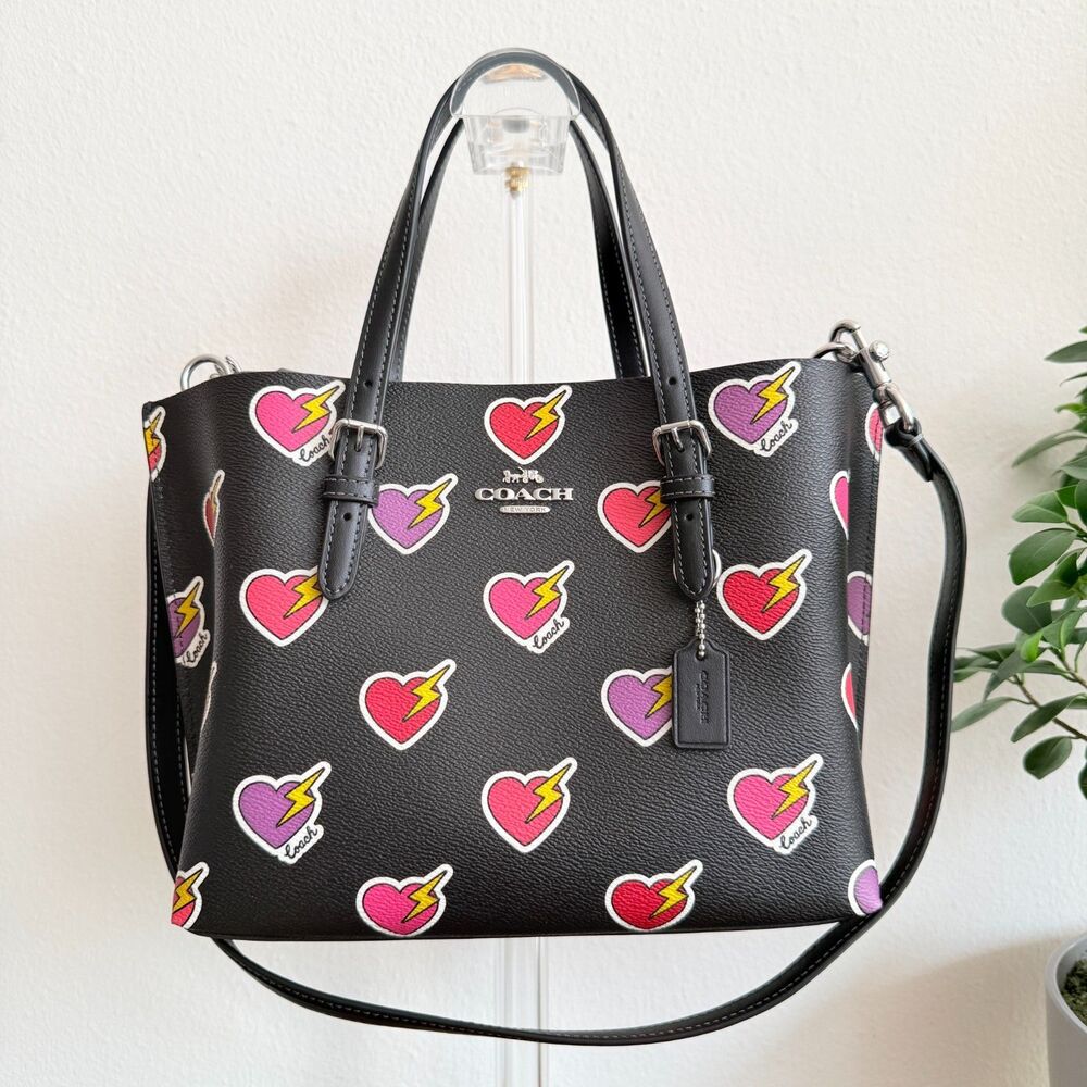 Coach Mollie Tote Bag 25 Heart Bolt Print Black Pink Purple Crossbody Satchel